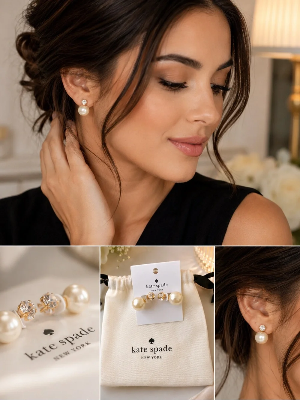 Exclusive Kate Spade Ivory and Gold pearl & crystal stud earring set